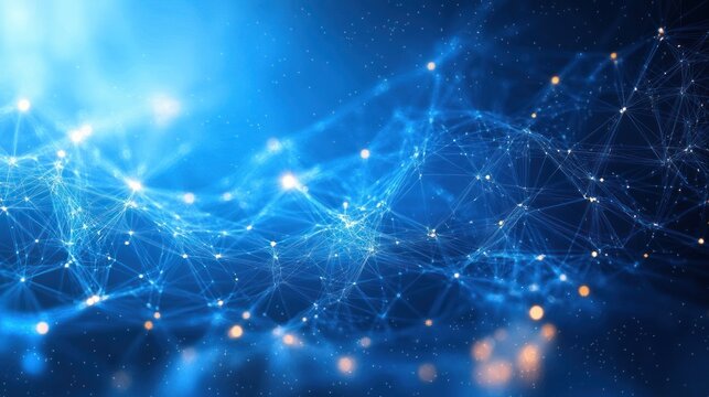 Abstract digital network with interconnected glowing nodes and lines on a deep blue background conveying complexity and connectivity