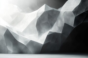Abstract geometric mountain landscape with sharp angular facets in shades of white, gray, and black creating a dramatic and mysterious atmosphere