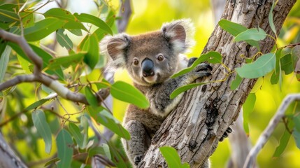 Cute Koala Bear Climbing Tree in Green Foliage During Daylight
