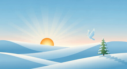 Winter landscape with snow-covered hills, rising sun, fir tree and dove.