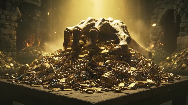 In a shadowy vault, a ghastly hand emerges from a massive pile of gold coins, greedily grasping the treasure. The atmosphere is eerie and captivating.