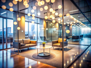 Modern office lounge area with comfortable sofas, armchairs, and a glass coffee table, overlooking a city view