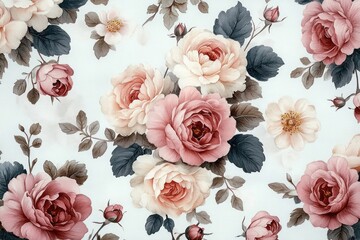Seamless vintage floral pattern featuring large pink and cream roses with dark blue and brown leaves on a white background