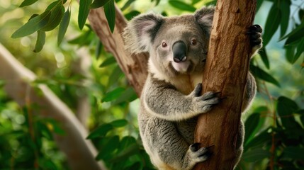Fototapeta premium Cute Koala Bear Clinging to Tree Branch in Green Foliage Natural Habitat