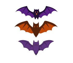 Set of three flying cartoon bat illustrations in dark purple brown and orange colors with spooky open wings for halloween nocturnal and horror themed digital designs