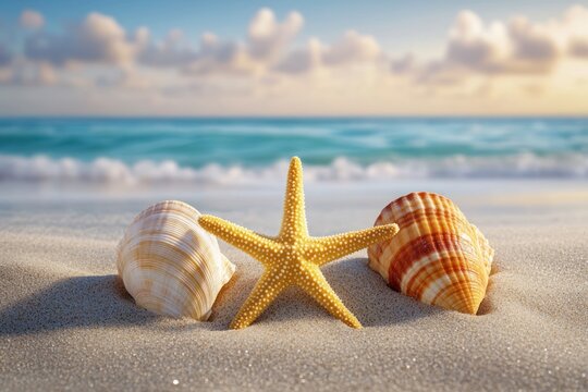 A starfish and two seashells resting on sandy beach with ocean waves and cloudy sky in the background conveying a peaceful seaside atmosphere