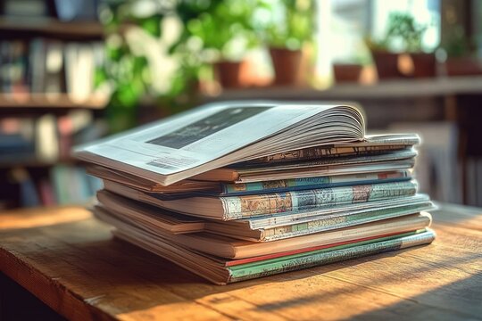 Stack of open and closed magazines and books on a wooden table with natural sunlight and blurred green plants in the background