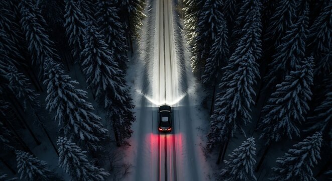 Aerial perspective of a car driving on a snow covered road at night through a winter forest scene. - Powered by Adobe