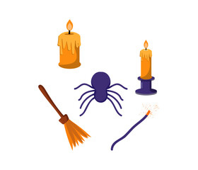 Spooky halloween digital asset collection featuring melted orange candles a dark purple spider a witch broomstick and a magical wand with sparks for seasonal fantasy and horror themed designs