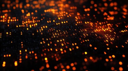 Glowing orange binary code flowing and scattered on a dark surface creating an abstract digital data pattern