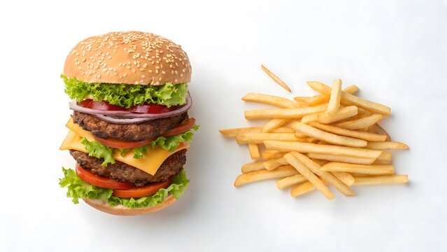 A tall juicy double cheeseburger with fresh lettuce tomato and onions served with a side of crispy golden french fries on a white background