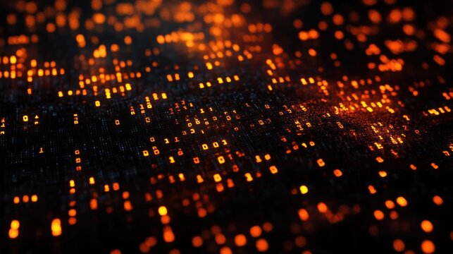 Glowing orange binary code flowing and scattered on a dark surface creating an abstract digital data pattern - Powered by Adobe