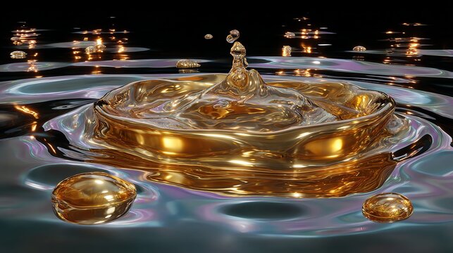 Golden Liquid Drop Creating Ripple Effects with Reflections and Iridescent Highlights