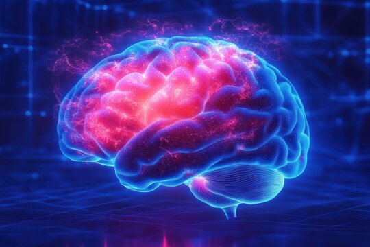 Glowing digital 3D rendering of a human brain with highlighted neural activity in pink and blue hues against a dark futuristic grid background