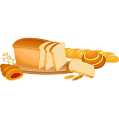 Assortment of Freshly Baked Bread and Pastries on a Wooden Board with Wheat Stalks