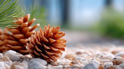 Close up of two brown pine cones on a pebble ground with green pine needles and a blurred forest background during daylight