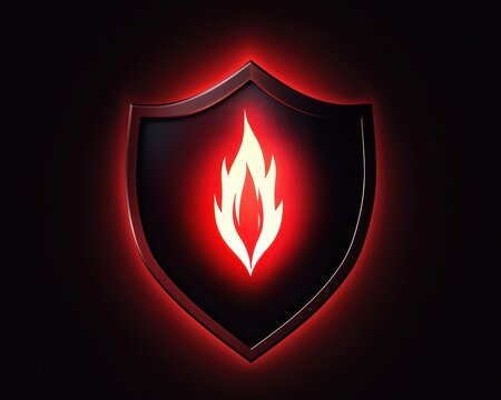 Glowing red and black shield with a stylized flame symbol emitting a bright red glow on a dark background, evoking protection and intensity