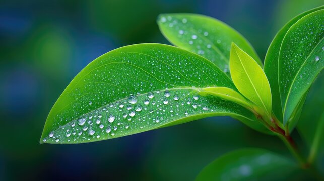 Close Up Macro View Of Lush Green Leaves Covered In Tiny Sparkling Dew Drops On A Blurry Blue Green Background With Soft Natural Light