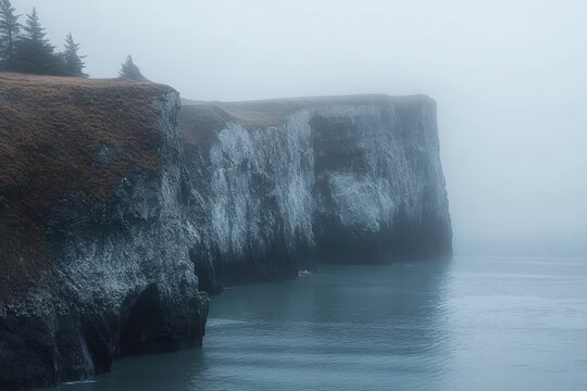 Foggy coastline with steep rocky cliffs and sparse evergreen trees overlooking calm blue water in serene atmosphere