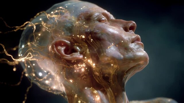 Futuristic android or human clone awakening as golden energy flows through its neural network, visualizing concepts of artificial intelligence, transhumanism, and synthetic biology