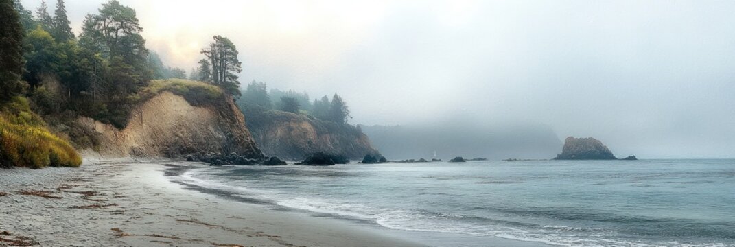 Foggy coastline with rocky cliffs, pine trees, gentle waves washing onto a sandy beach under a misty sky