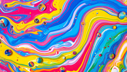 Obraz premium Abstract fluid background with colorful swirling patterns and bubbles, flat lay composition, bright