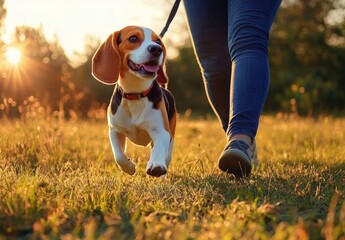 happy beagle dog walking on leash with person through a sunlit field during golden hour