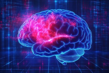 Digital visualization of a blue human brain with glowing pink neural activity patterns on a dark grid background representing brain function and data processing