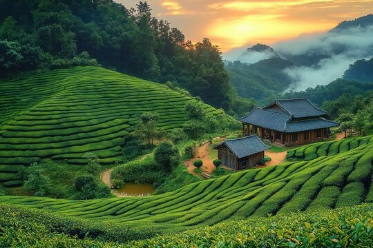 Traditional wooden houses nestled among lush terraced tea plantations on rolling green hills at sunrise with misty mountains in the background