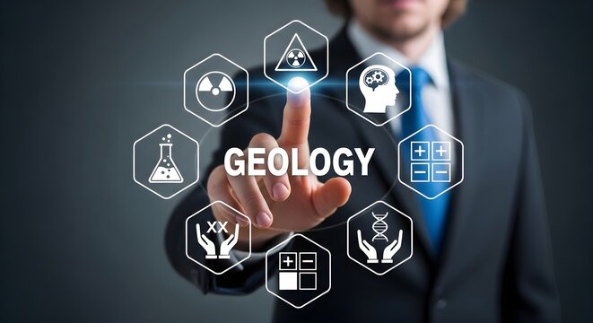 A businessman in a suit touches a digital screen displaying the word "GEOLOGY" surrounded by scientific icons. - Powered by Adobe