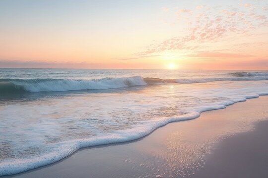 Calm ocean waves gently washing onto a smooth sandy beach during a peaceful sunrise with soft pastel sky and scattered clouds