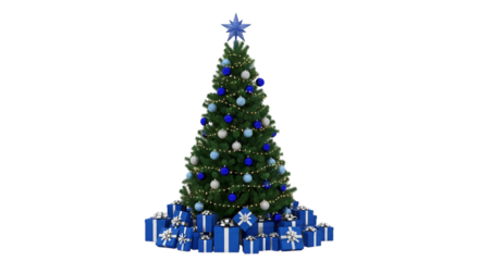 Decorated christmas tree with blue ornaments and gifts, topped with a blue star, isolated on transparent background