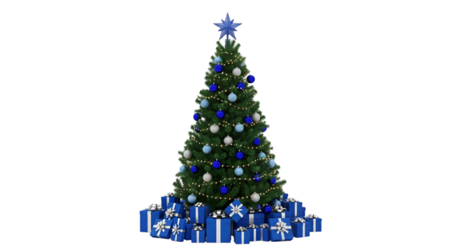 Decorated christmas tree with blue ornaments and gifts, topped with a blue star, isolated on transparent background