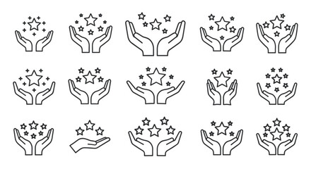 A collection of outline linear symbols depicting hands holding stars, symbolizing achievement, success, and recognition. These versatile icons are perfect for graphic and web design, apps