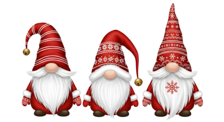Three cute christmas gnomes with red hats and beards, isolated on transparent background