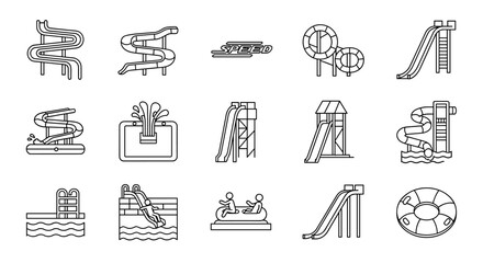 Collection of simple, isolated line icons representing various water slides and park attractions, perfect for graphic design, website elements, app interfaces, and print materials. Editable stroke
