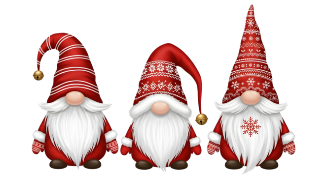 Three cute christmas gnomes with red hats and beards, isolated on transparent background