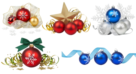 Collection of festive christmas ornaments including red and blue baubles, gold star, and ribbon, isolated on transparent background