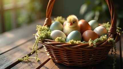 Ultra-photorealistic, warm-toned close-up of a rustic Easter scene featuring a vintage wicker basket of naturally dyed, speckled eggs nestled on mossy fabric with a single fluffy baby chick.
