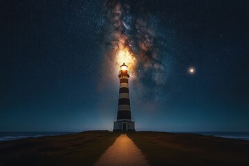 Illuminated lighthouse standing on a grassy hill with a glowing light under a starry night sky featuring the bright Milky Way galaxy and a shining planet