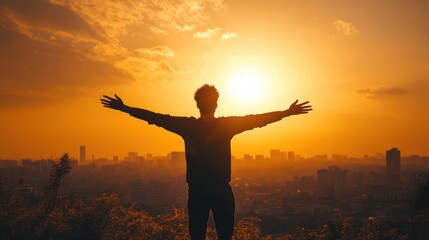 Fototapeta premium Silhouette of person with outstretched arms embracing sunrise or sunset over city skyline and trees