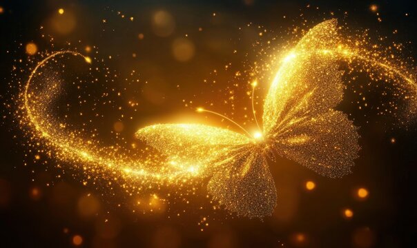 Glowing golden butterfly made of sparkling particles flying with a trailing glittering light against a dark background, evoking a magical and enchanting mood - Powered by Adobe