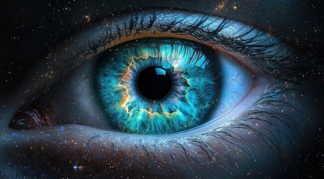 Close-up of a human eye with a bright blue and turquoise iris and intricate patterns resembling a cosmic or galactic scene, evoking a sense of wonder and mystery