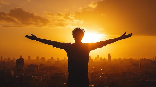 Silhouette of a person standing with outstretched arms overlooking a cityscape during a golden sunset, expressing freedom and joy