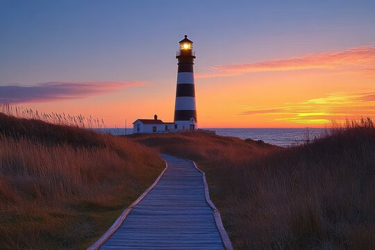 Path leading to a lit black and white striped lighthouse by the ocean at sunset with golden grasses on either side under a colorful sky - Powered by Adobe