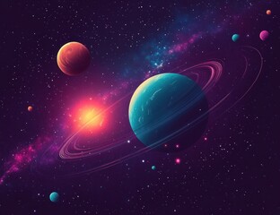 Vibrant cosmic scene with multiple colorful planets and glowing rings orbiting a large blue planet under a starry galaxy sky, evoking wonder and vastness of space