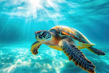 Fototapeta premium Underwater scene of a colorful sea turtle swimming gracefully in clear blue water with sun rays penetrating from above
