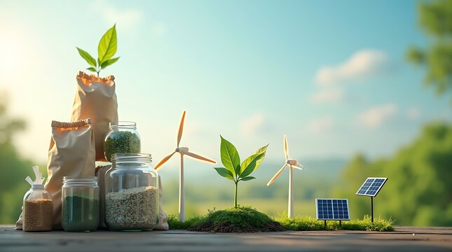 High-impact conceptual photograph for Earth Day: Zero waste pyramid and green energy solutions (solar, wind) connected by glowing lines, set against a subtle climate change haze, with ample copy space