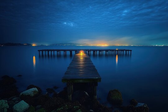 Wooden pier extending into calm water under a deep blue cloudy night sky with city lights glowing on the distant horizon and reflections shimmering on the water
