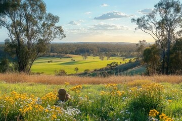 Person lying in a field of yellow and white wildflowers with wide scenic view of grassy hills and scattered trees under a blue sky with clouds at late afternoon